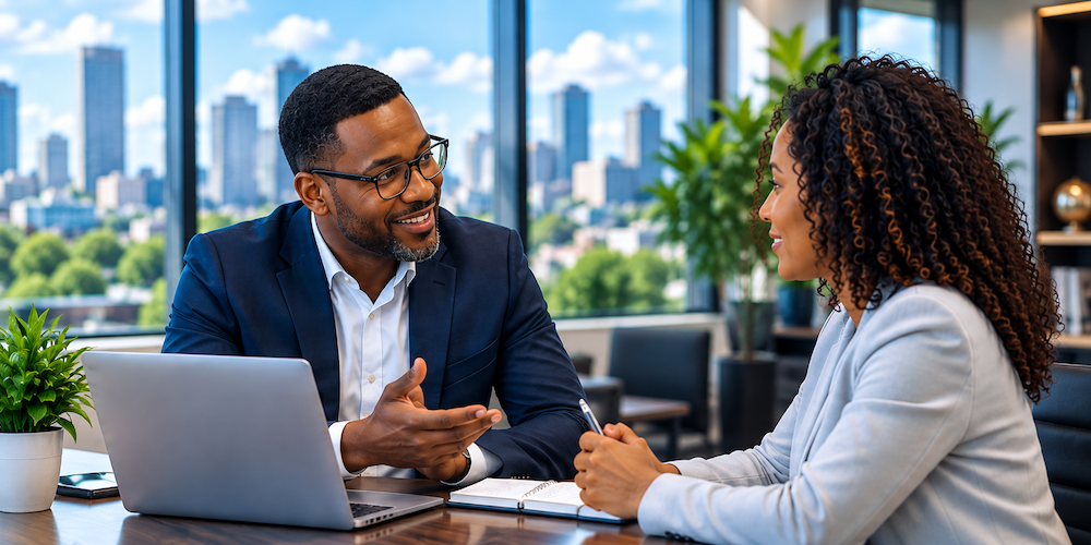 Technology consultant discussing business solutions with a client